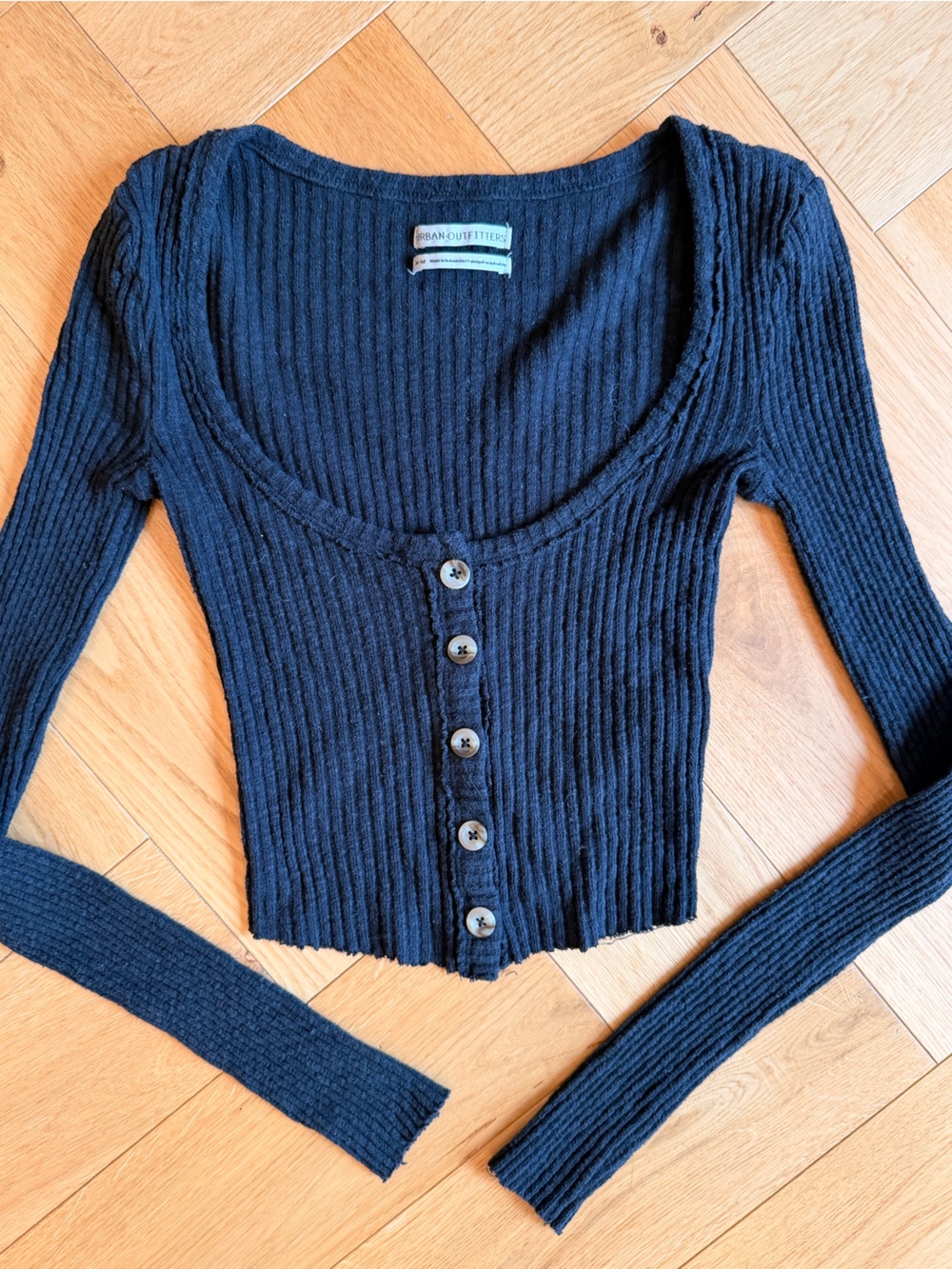 Urban Outfitters Black Ribbed Off-the-Shoulder Button-Front Sweater